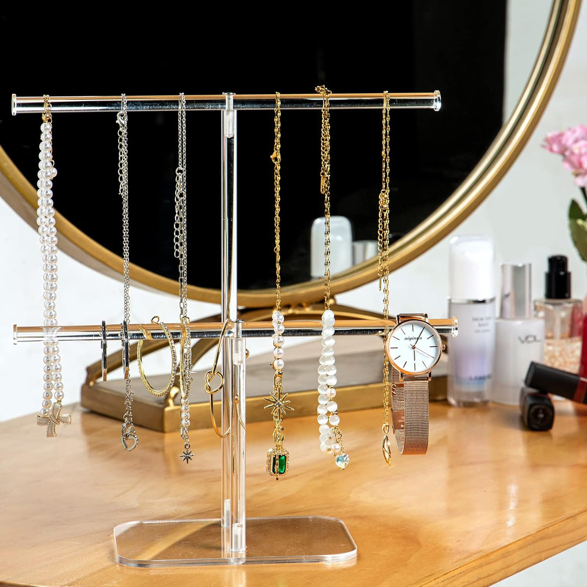 Cart In Mart 2 Tier Clear Acrylic Jewelry Stand Hanging Necklace Bracelet Display Holder