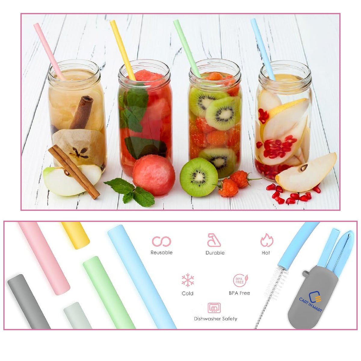 Cart In Mart 12 Pack Silicone Drinking Straws Reusable Odorless With Pouches & Brushes
