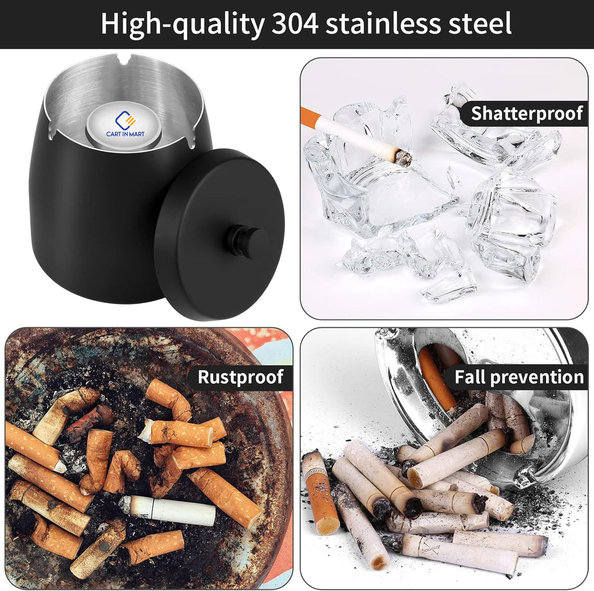 Cart In Mart Ashtray With Lid For Cigarette Stainless Steel Smokeless Odorless Windproof