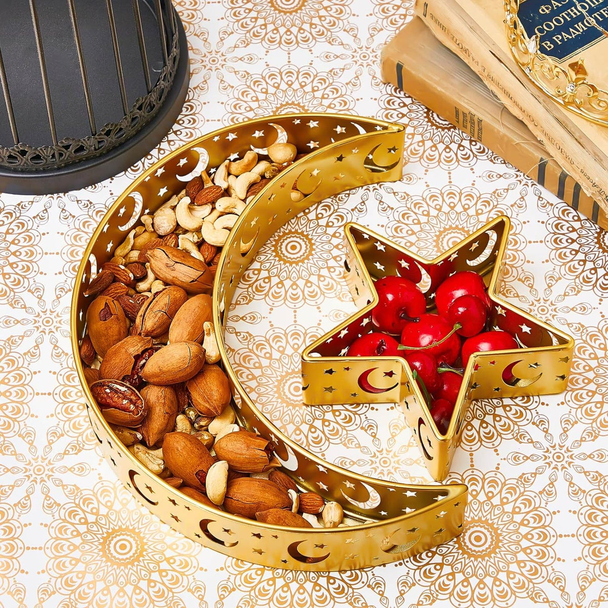 Cart In Mart 2 Pieces Eid Mubarak Decoration Moon Star Serving Metal Tray Islamic Gift