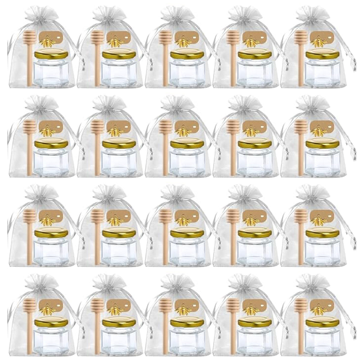 Cart In Mart 20 Pack Mini Honey Jars Pots With Dipper, Bee Pendant, Jute Party Gift Favor
