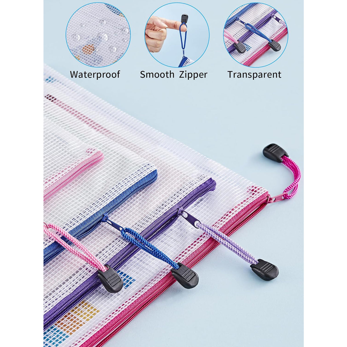 Cart In Mart 18 Pack Waterproof Zipper File Bags 8 Sizes 9 Color Multipurpose Mesh Pouch