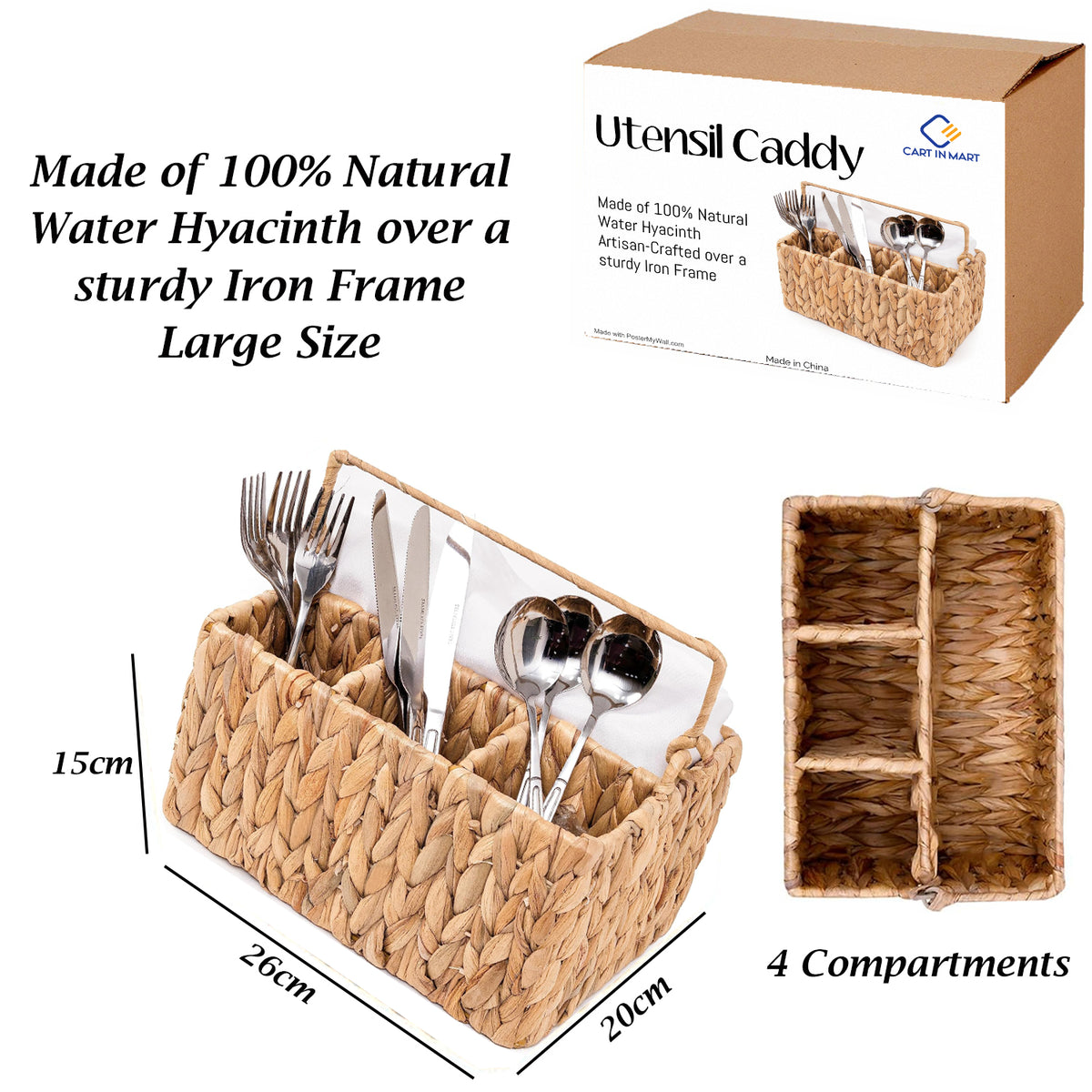 Cart In Mart Wicker Cutlery Holder With Handle Silverware Caddy Organiser For Tabletop - Water Hyacinth