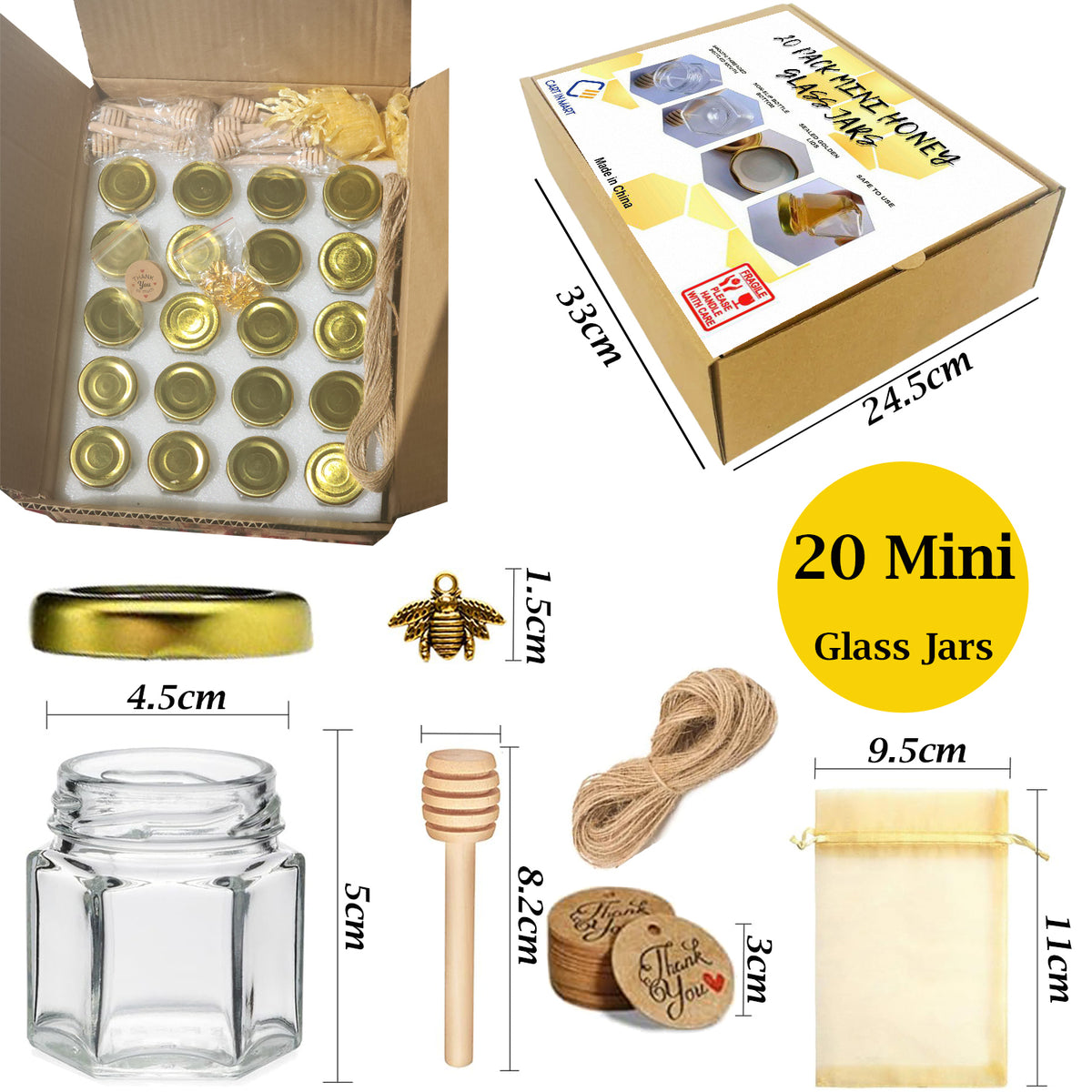 Cart In Mart 20 Pack Mini Honey Jars Pots With Dipper, Bee Pendant, Jute Party Gift Favor