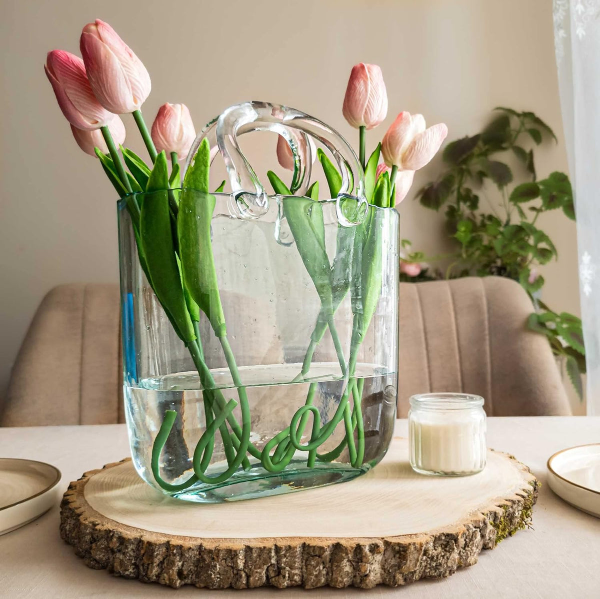 Cart In Mart Clear Glass Handbag Shape Flower Vase with Fish Bowl For Home Office Decor