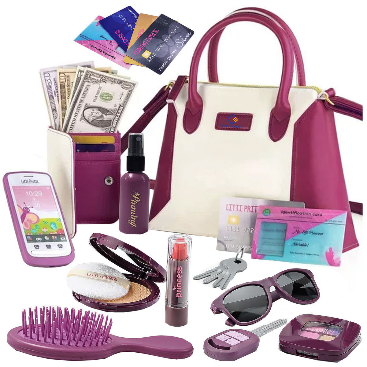 Cart In Mart 22 Piece Little Girls Purse With Pretend Play Fake Makeup Toddler Accessories - Premium Purple