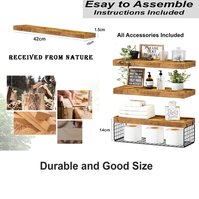 Cart In Mart 3 Pack Bathroom Floating Shelves For Wall Mounted Over Toilet- Rustic Brown