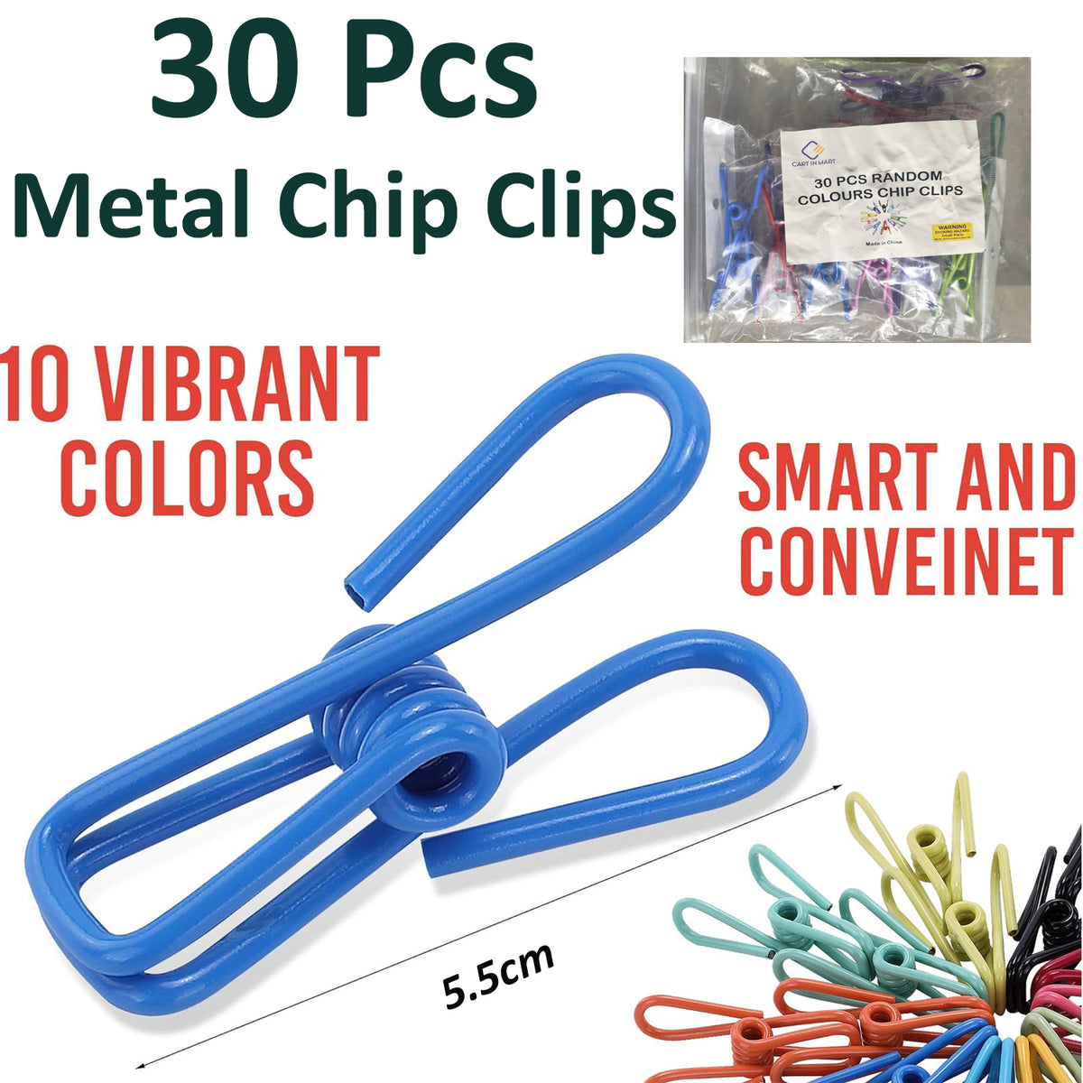 Cart In Mart PVC Coated Utility Steel Clip For Food Package, Chips Bag, Clothes - 30 Pack