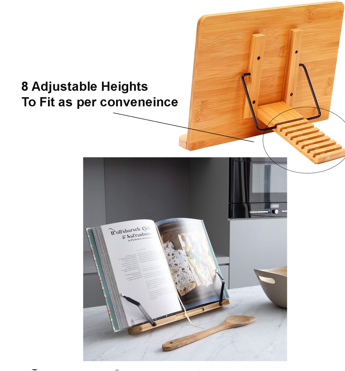 Cart In Mart Bamboo Cookbook Stand With 8 Adjustable Holder Tray and Clips For Reading Recipe Book