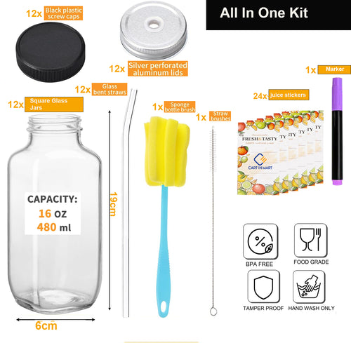 Cart In Mart 12 Pack Glass Juice Bottles With Lids 480ml Drinking Jars ,Glass Straws