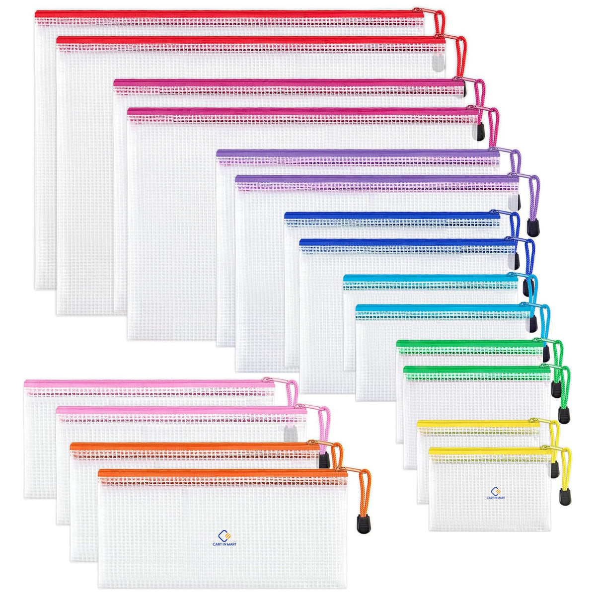 Cart In Mart 18 Pack Waterproof Zipper File Bags 8 Sizes 9 Color Multipurpose Mesh Pouch