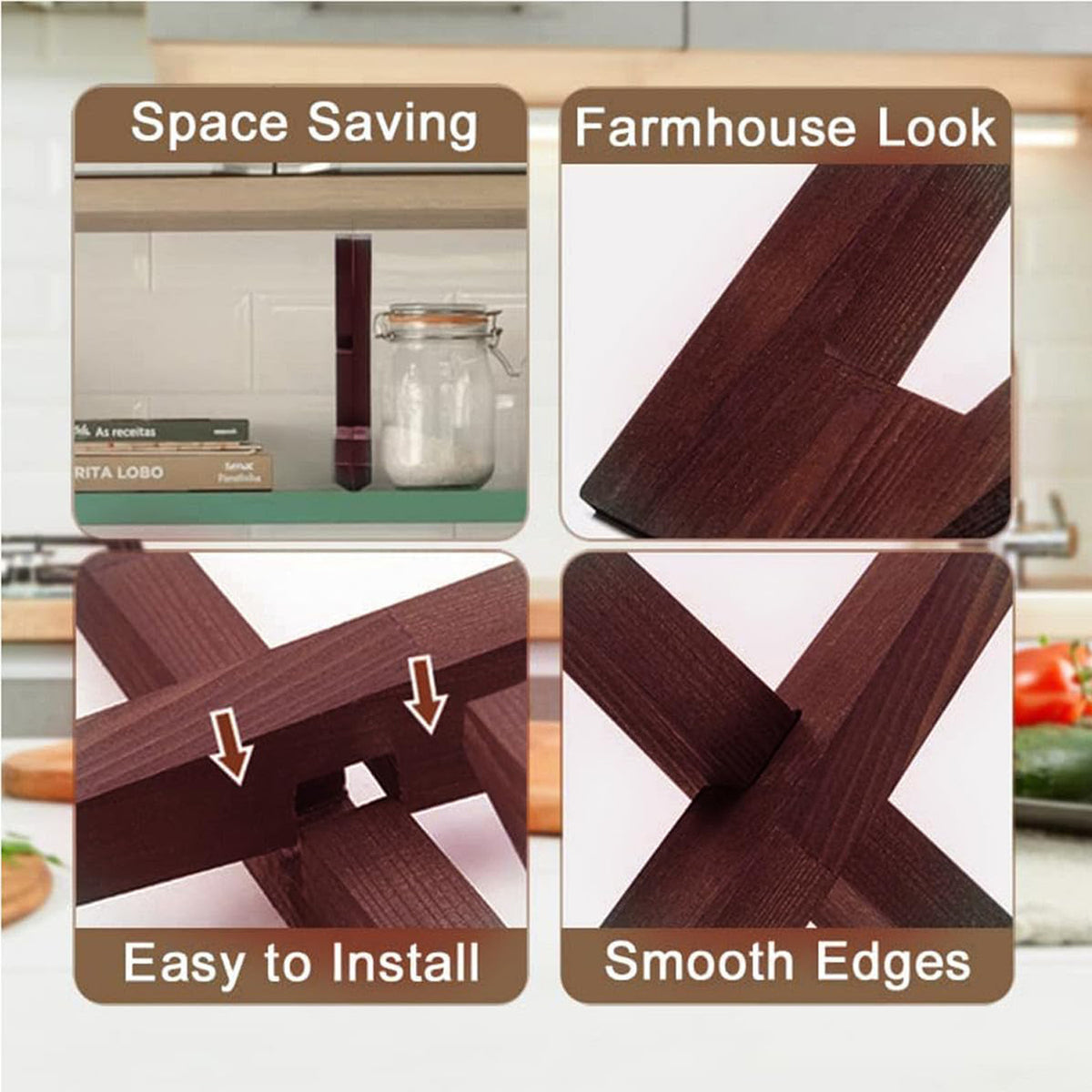 Wooden Cookbook Stand For Kitchen Counter Recipe Book Holder- Rustic Brown