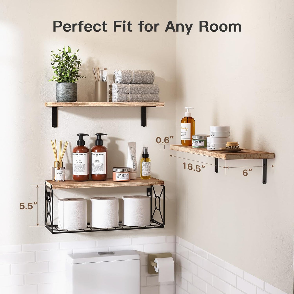 Cart In Mart 3 Pack Bathroom Floating Shelves For Wall Mounted Over Toilet- Rustic Brown