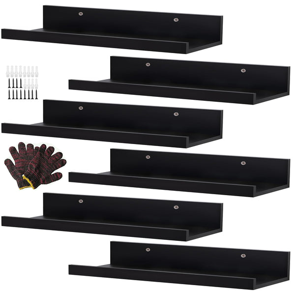 6 Pack Floating Shelves With Lips Hanging Wall Decor For Bedroom Bathroom - Modern Black