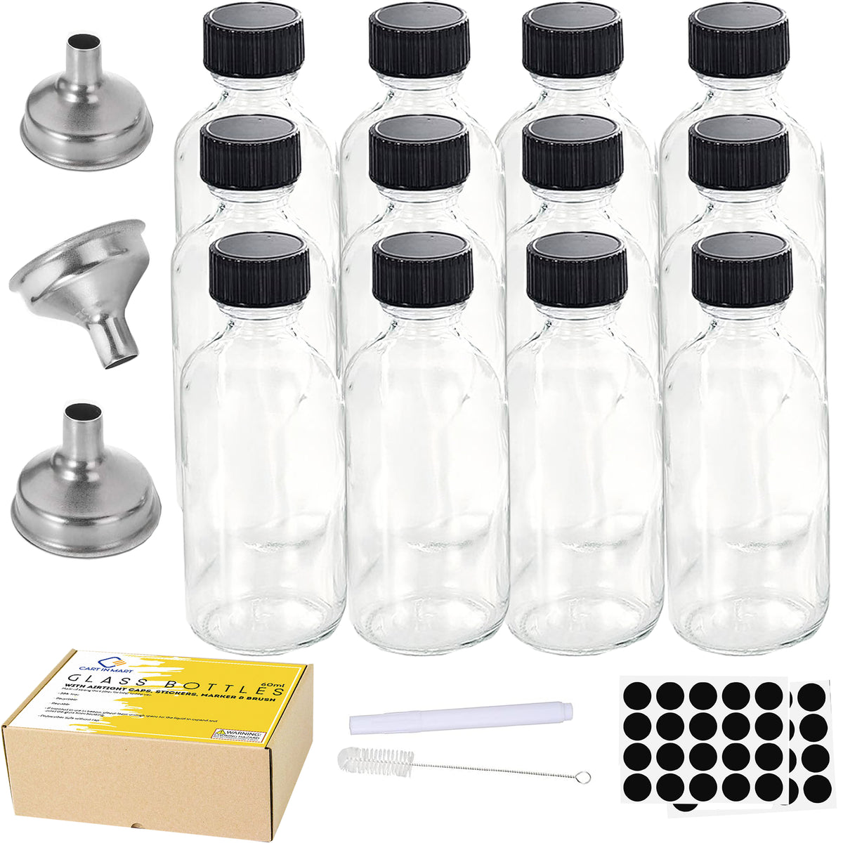 Cart In Mart 12 Pack Small Clear Glass Bottles 60ml For Travel, Juice, Boston-Multipupose