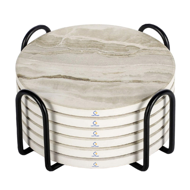 Cart In Mart 6 Pack Ceramic Drink Coasters With Holder For Cups Barware - Marble Style