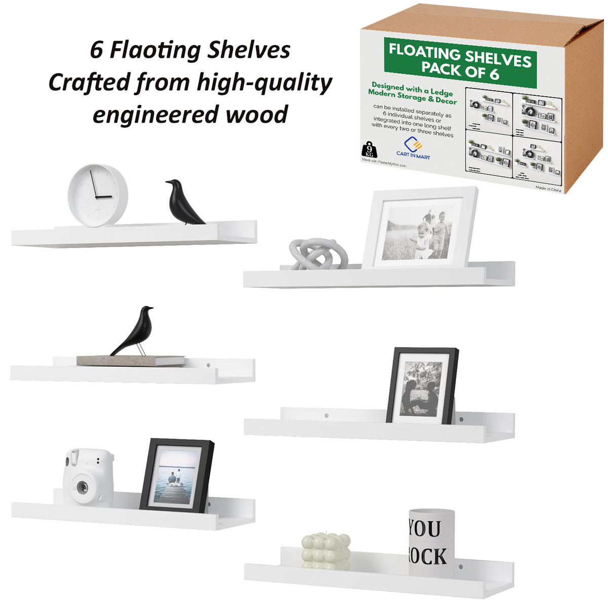 Cart In Mart 6 Pack Floating Shelves With Lips Hanging Wall Decor For Bedroom Bathroom - Modern Black
