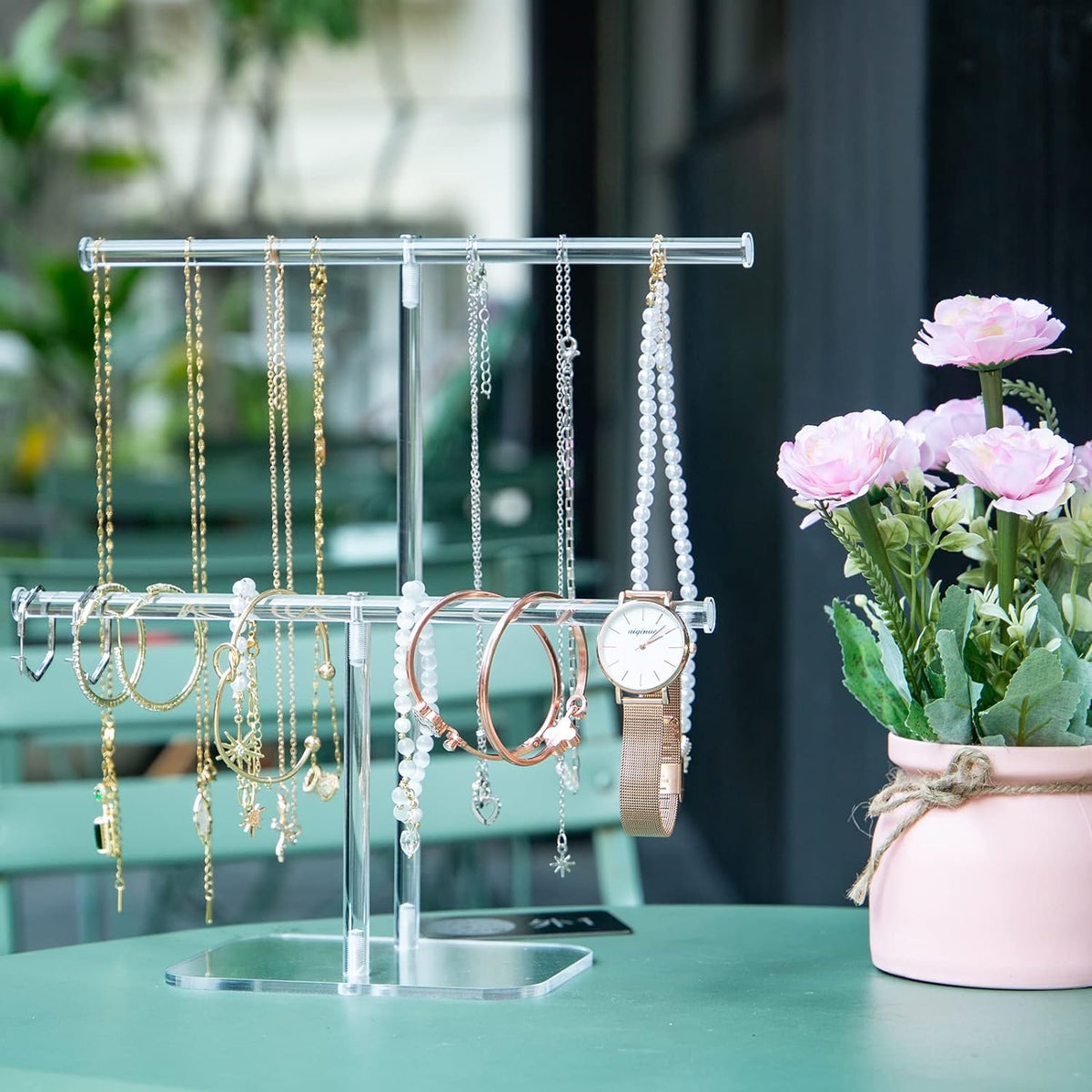 Cart In Mart 2 Tier Clear Acrylic Jewelry Stand Hanging Necklace Bracelet Display Holder