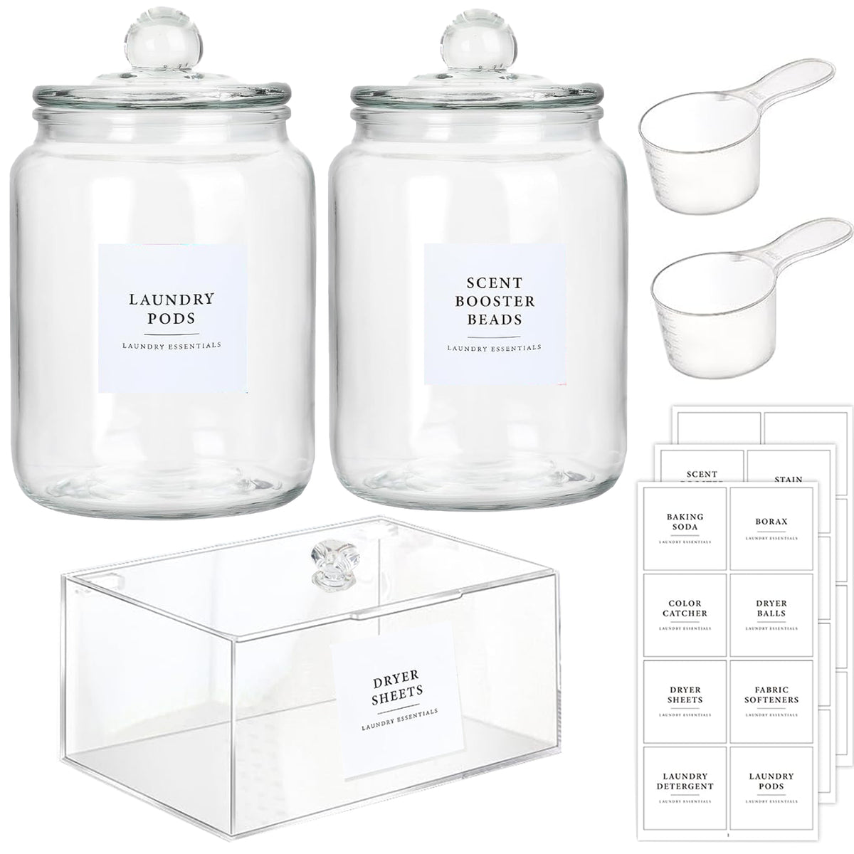 Cart In Mart Glass Jars & Dryer Sheet Holder Laundry Room Organisation With Lid, Labels