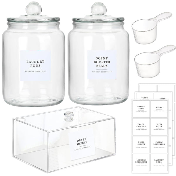 Glass Jars & Dryer Sheet Holder Laundry Room Organisation With Lid, Labels