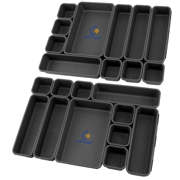 Plastic Drawer Organiser Storage Bins For Makeup Bathroom Utensils - 22 Piece - Black