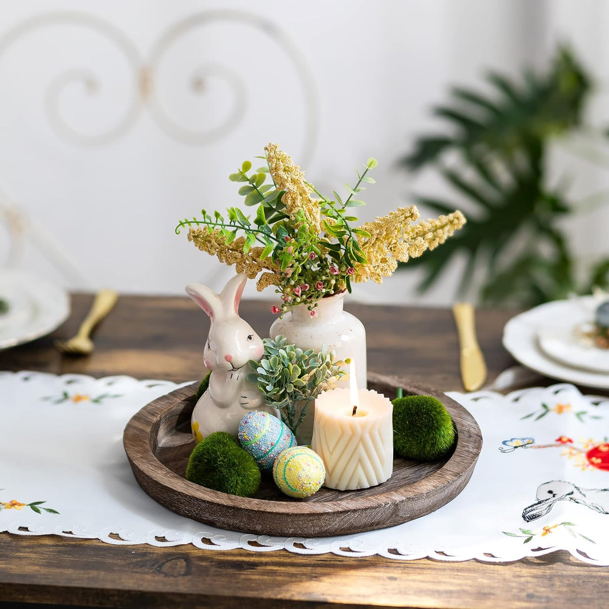 Round Wooden Serving Tray Vintage Home Decor Table Countertop Centerpiece - Rustic
