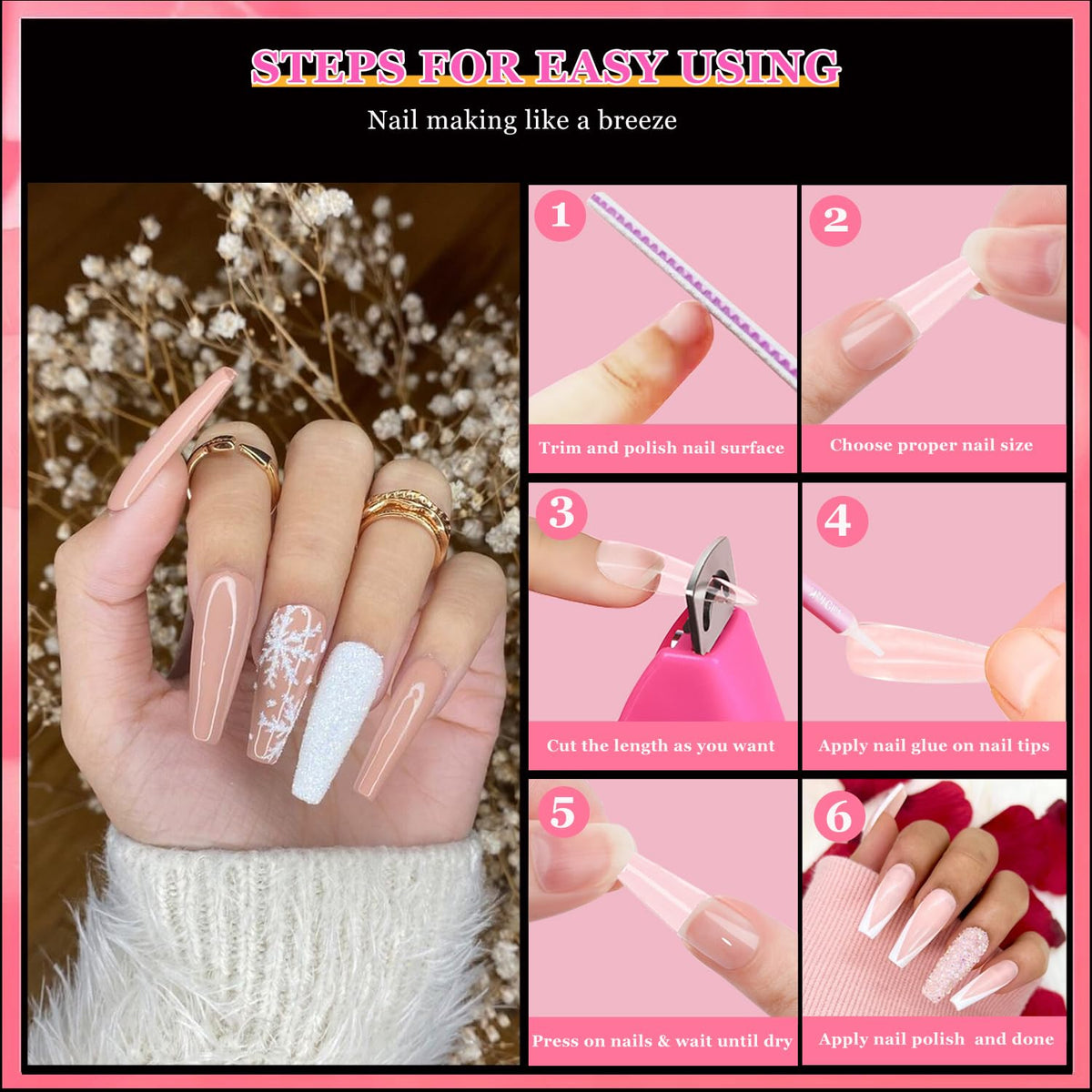 Cart In Mart 500 Pack Long Clear Acrylic Nail Tips Ballerina Coffin Set & Accessories
