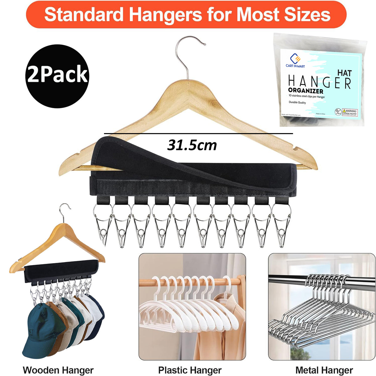 Hat Holders For Hanger Baseball Caps Rack Closet Organiser 10 Clips - 2 Pack