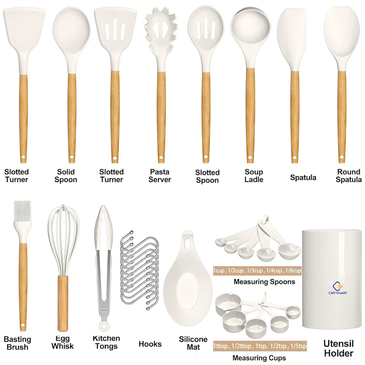 Cart In Mart 33 Pack Silicone Cooking Kitchen Utensils Spatula Tools Set- Cream White