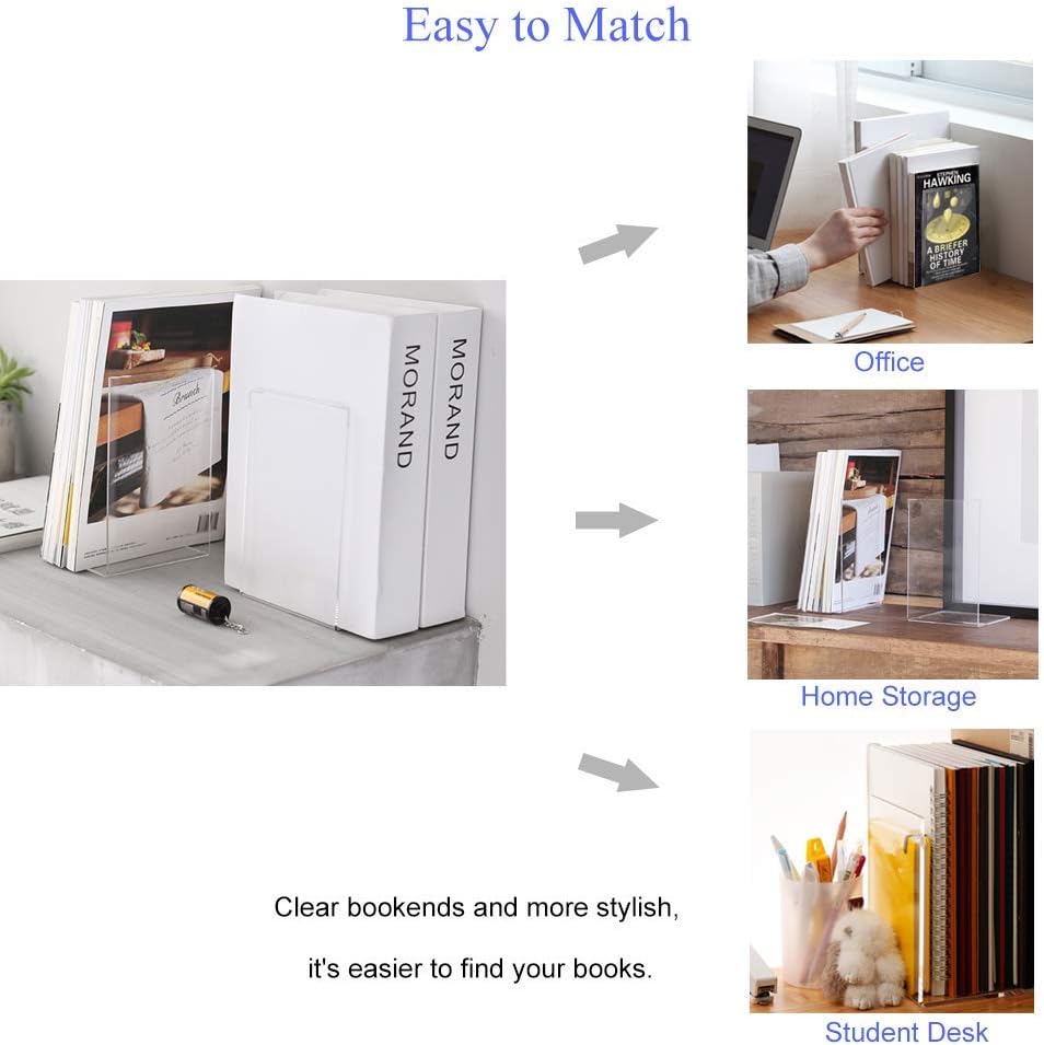 Cart In Mart Clear Acrylic Bookends For Shelves Desk Book Stopper Organiser - 4 Piece