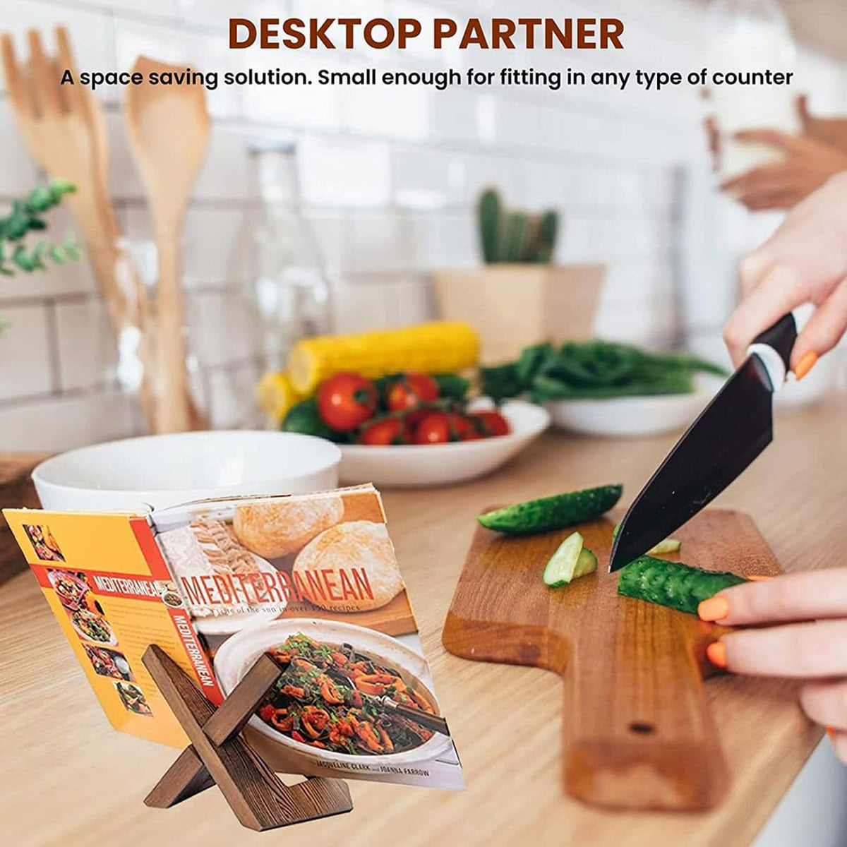 Wooden Cookbook Stand For Kitchen Counter Recipe Book Holder- Rustic Brown