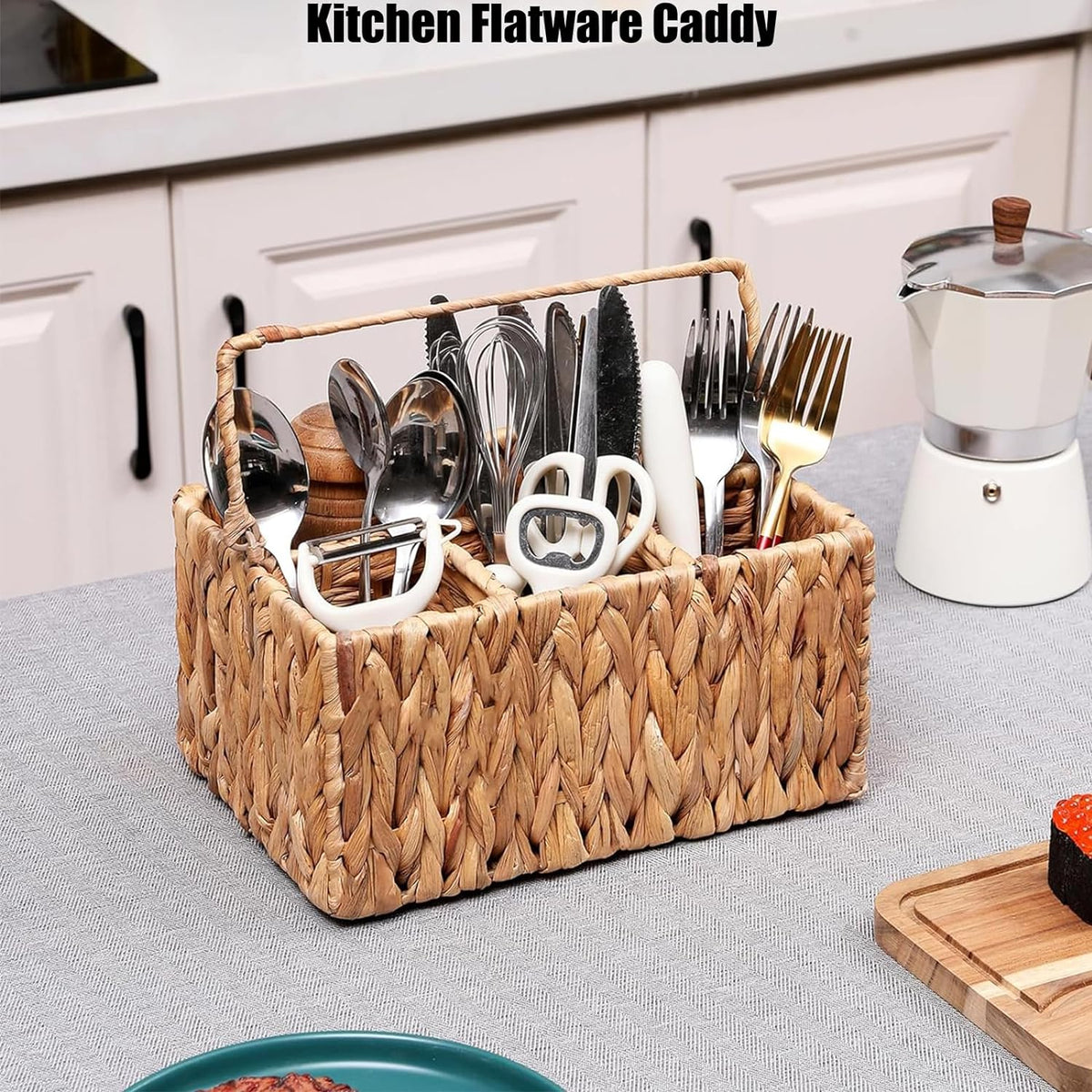 Cart In Mart Wicker Cutlery Holder With Handle Silverware Caddy Organiser For Tabletop - Water Hyacinth