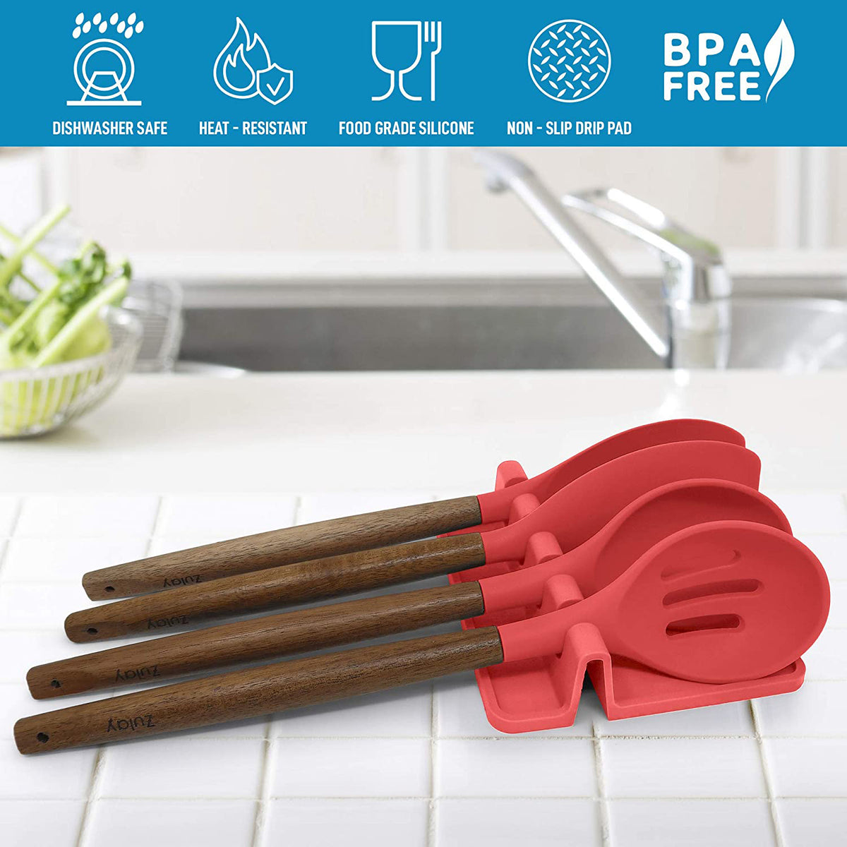 CART IN MART Red Silicone Spoon Rest & Spoon Holder for Stove CounterCTop
