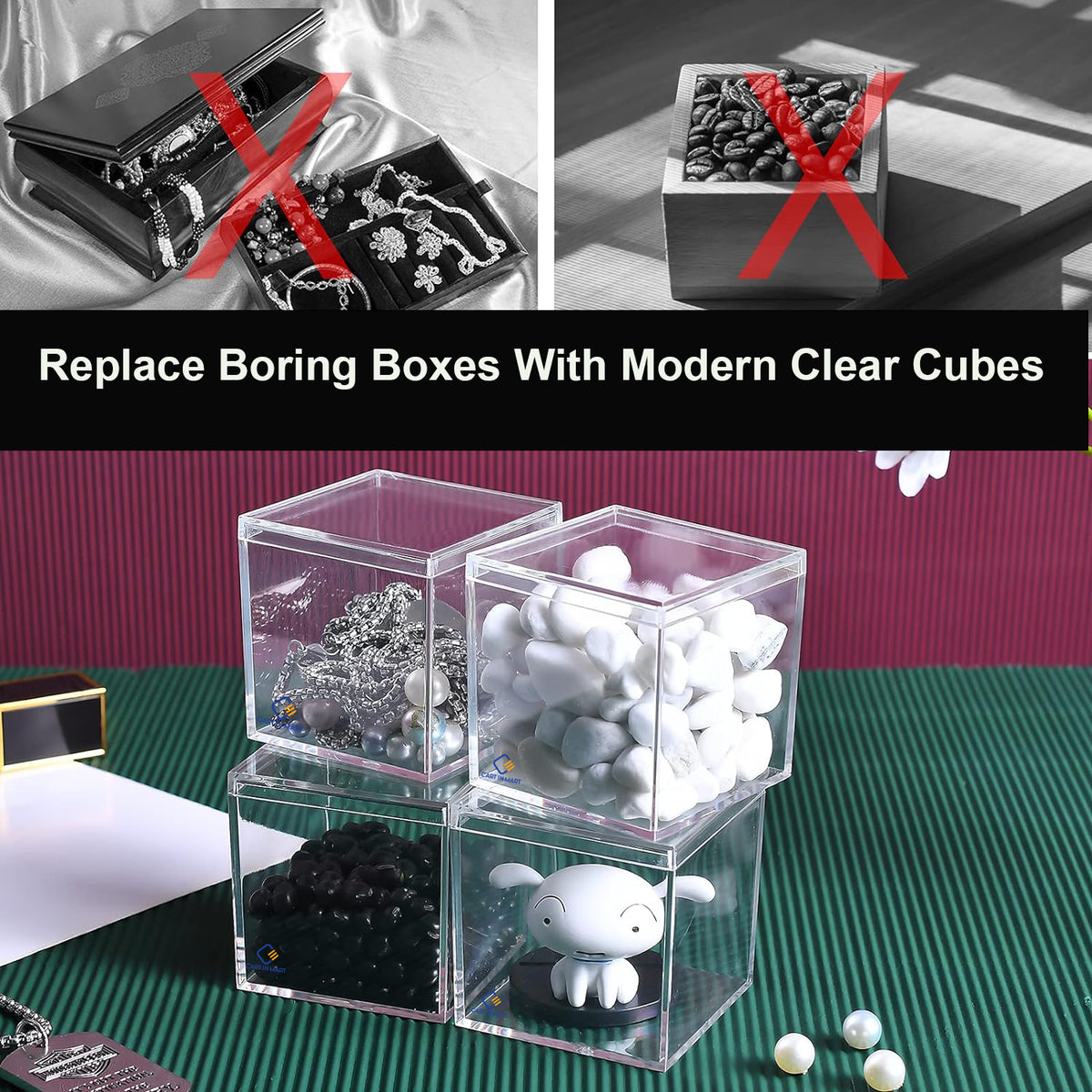 Cart In Mart 2 Pack Clear Acrylic Storage Box With Lid For Tiny Jewelry Candy Pill-6.5cm