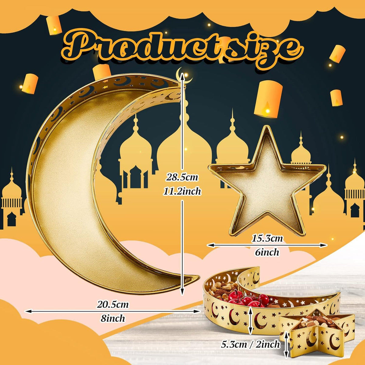 Cart In Mart 2 Pieces Eid Mubarak Decoration Moon Star Serving Metal Tray Islamic Gift