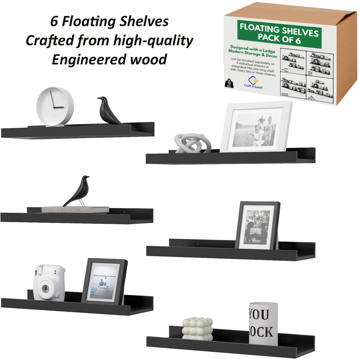 Cart In Mart 6 Pack Floating Shelves With Lips Hanging Wall Decor For Bedroom Bathroom - Modern Black