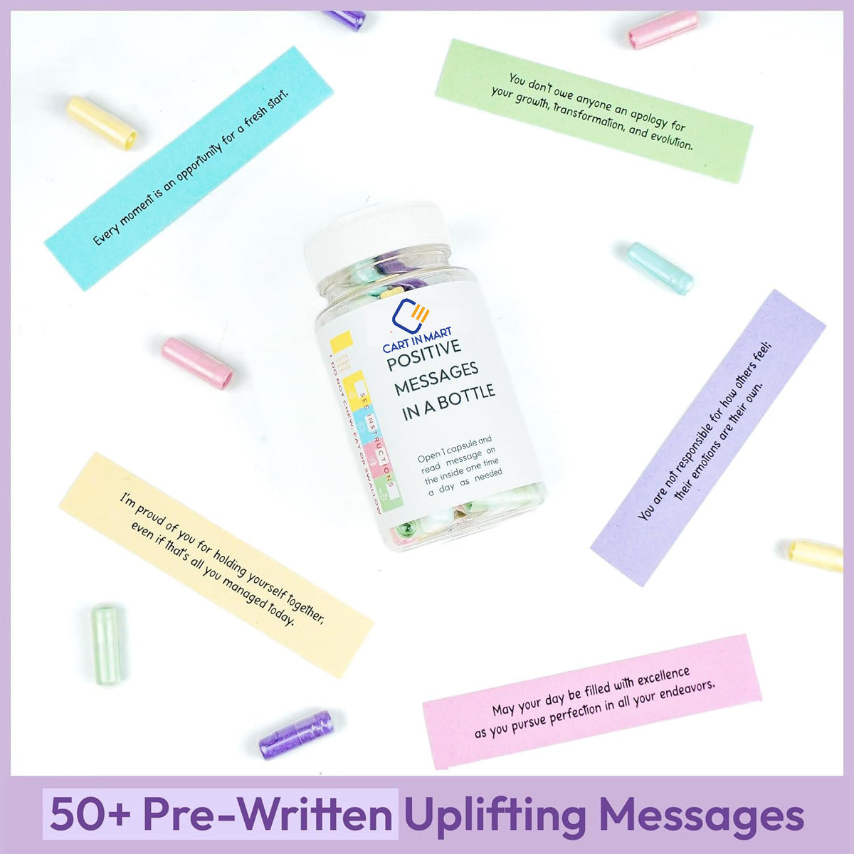 Cart In Mart 50 Pre-Written Positive Messages in a Bottle Motivational Quotes Gift