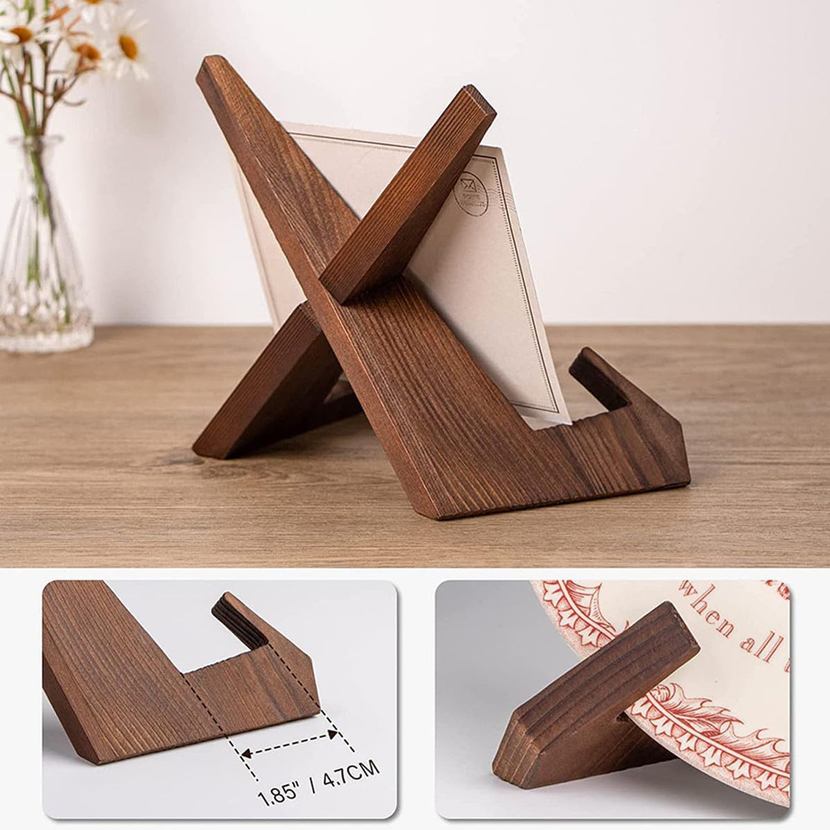 Wooden Cookbook Stand For Kitchen Counter Recipe Book Holder- Rustic Brown