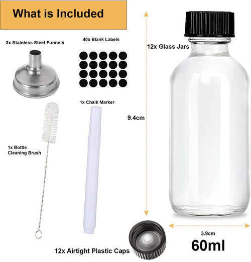 Cart In Mart 12 Pack Small Clear Glass Bottles 60ml For Travel, Juice, Boston-Multipupose