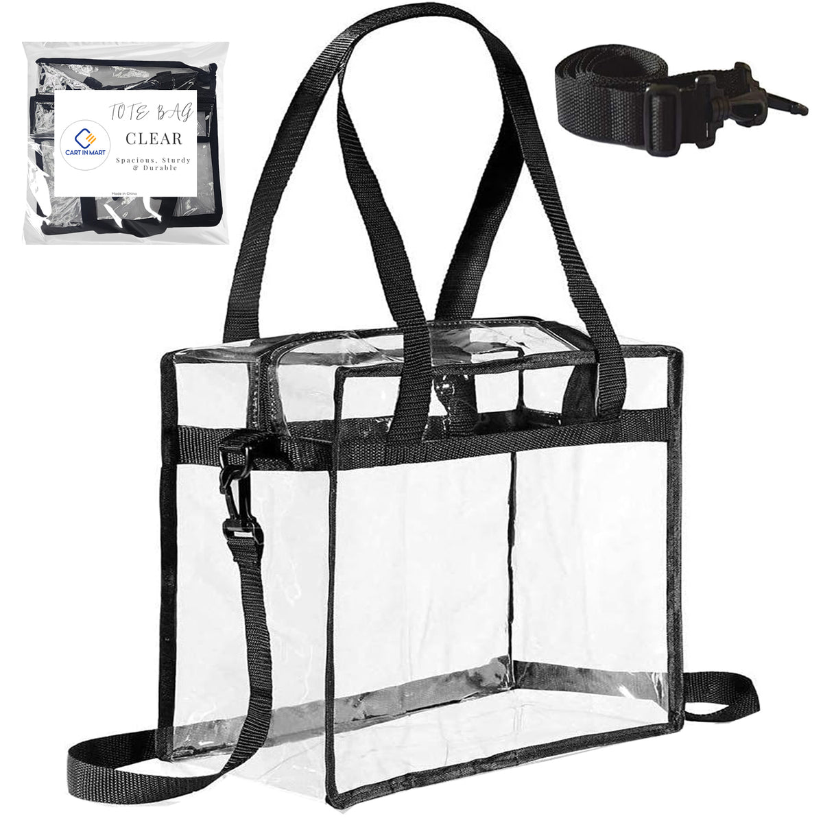 Cart In Mart Clear Shoulder Tote Bag With Zipper Closure & Extra Adjustable Travel Strap