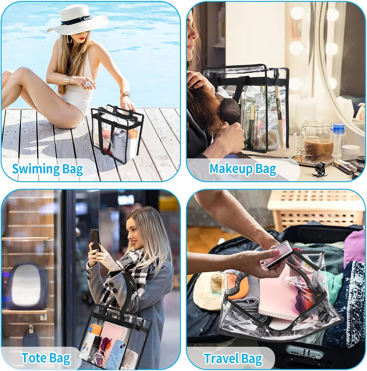 Cart In Mart Clear Shoulder Tote Bag With Zipper Closure & Extra Adjustable Travel Strap