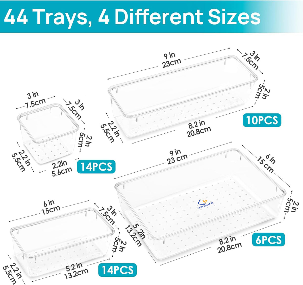 Cart In Mart Clear Acrylic Drawer Organizer Bins 4 Sizes Cosmetic Kitchen Trays - 44 Piece