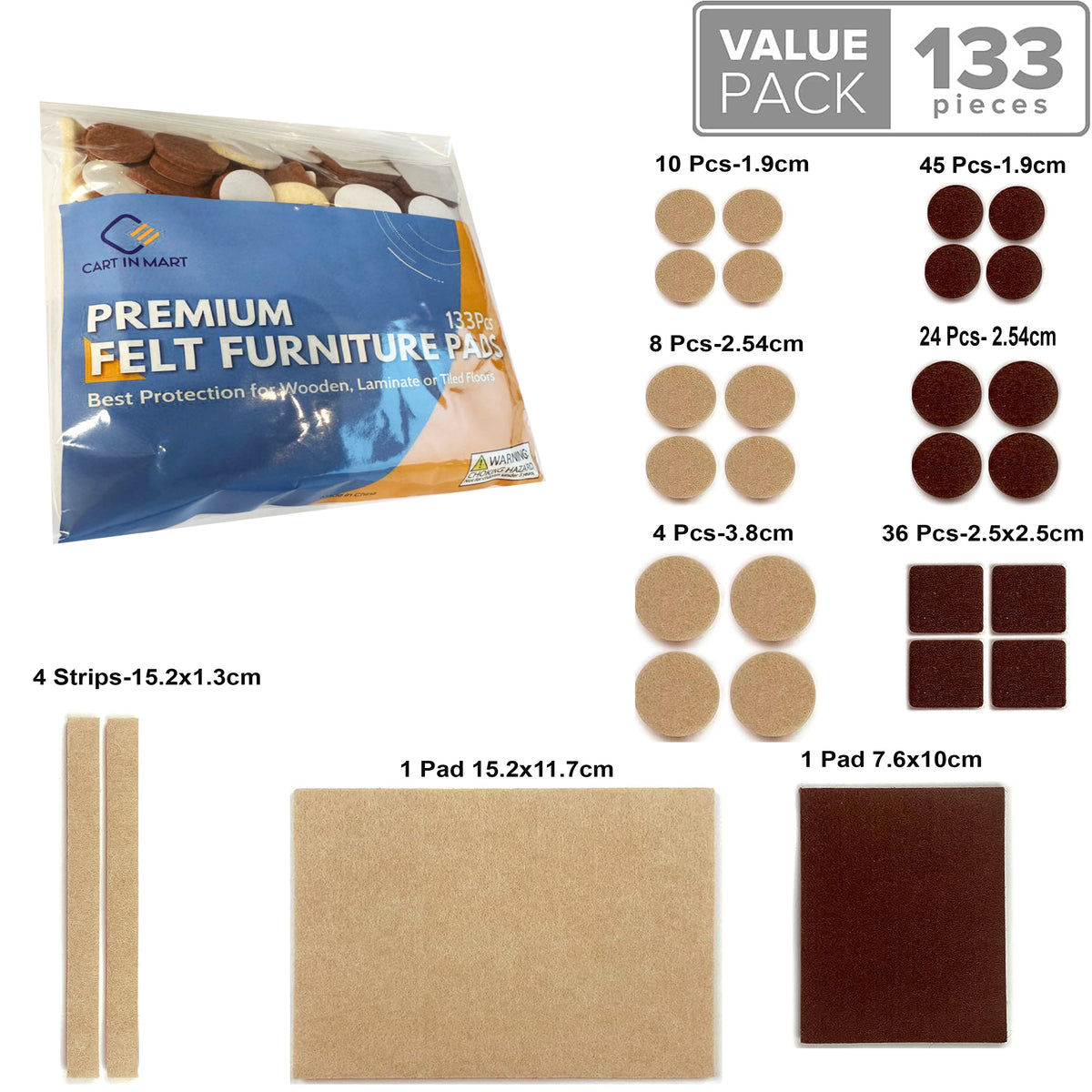 Cart In Mart 133 Piece Premium Felt Furniture Pads Wood Floor Protectors- Brown & Beige