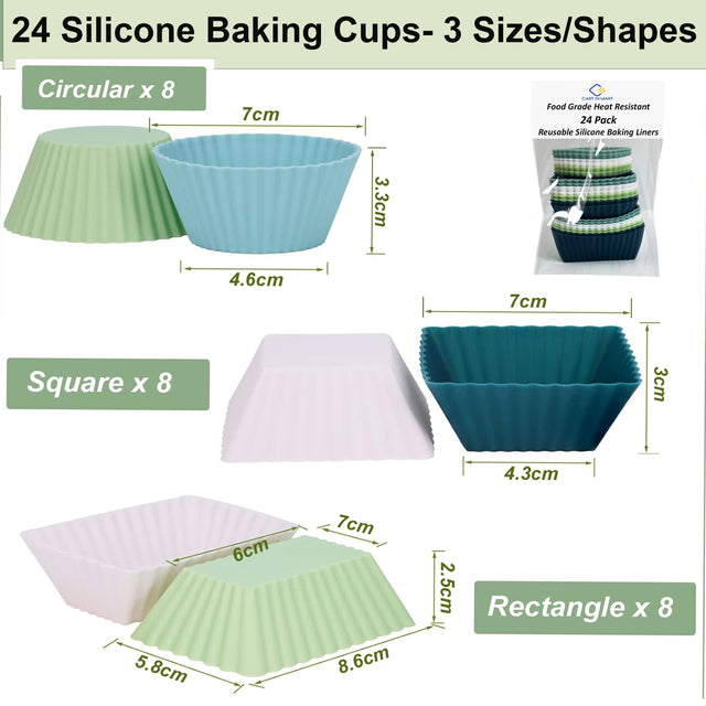 Cart In Mart 24 Pack Reusable Silicone Baking Cups Muffin Cupcake Liners Molds- 3 Shapes