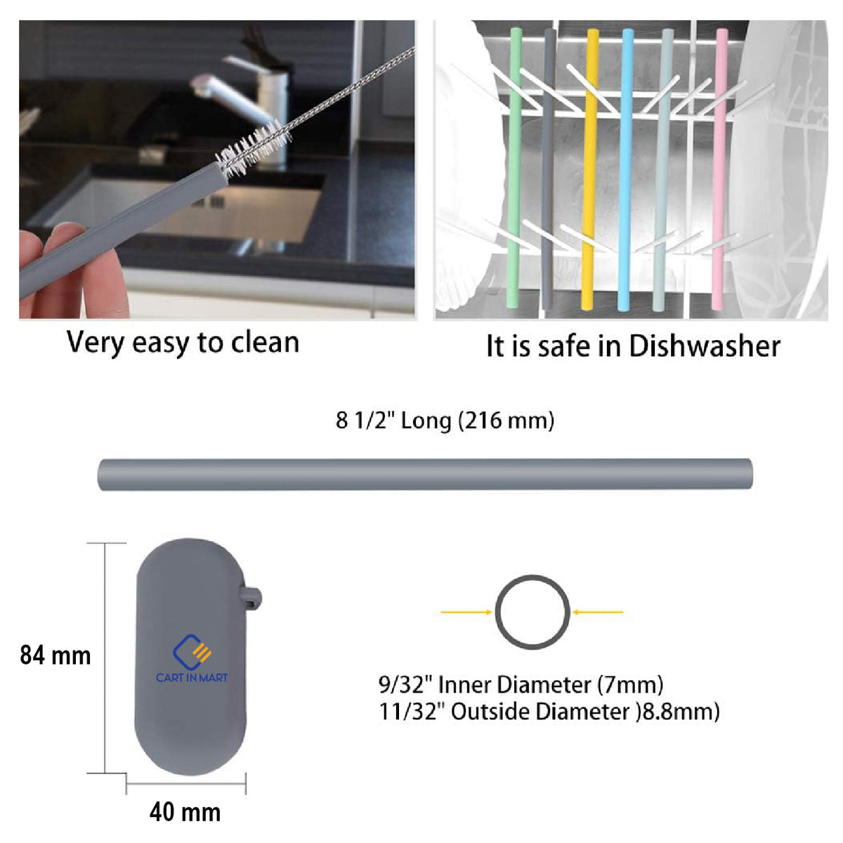 Cart In Mart 12 Pack Silicone Drinking Straws Reusable Odorless With Pouches & Brushes