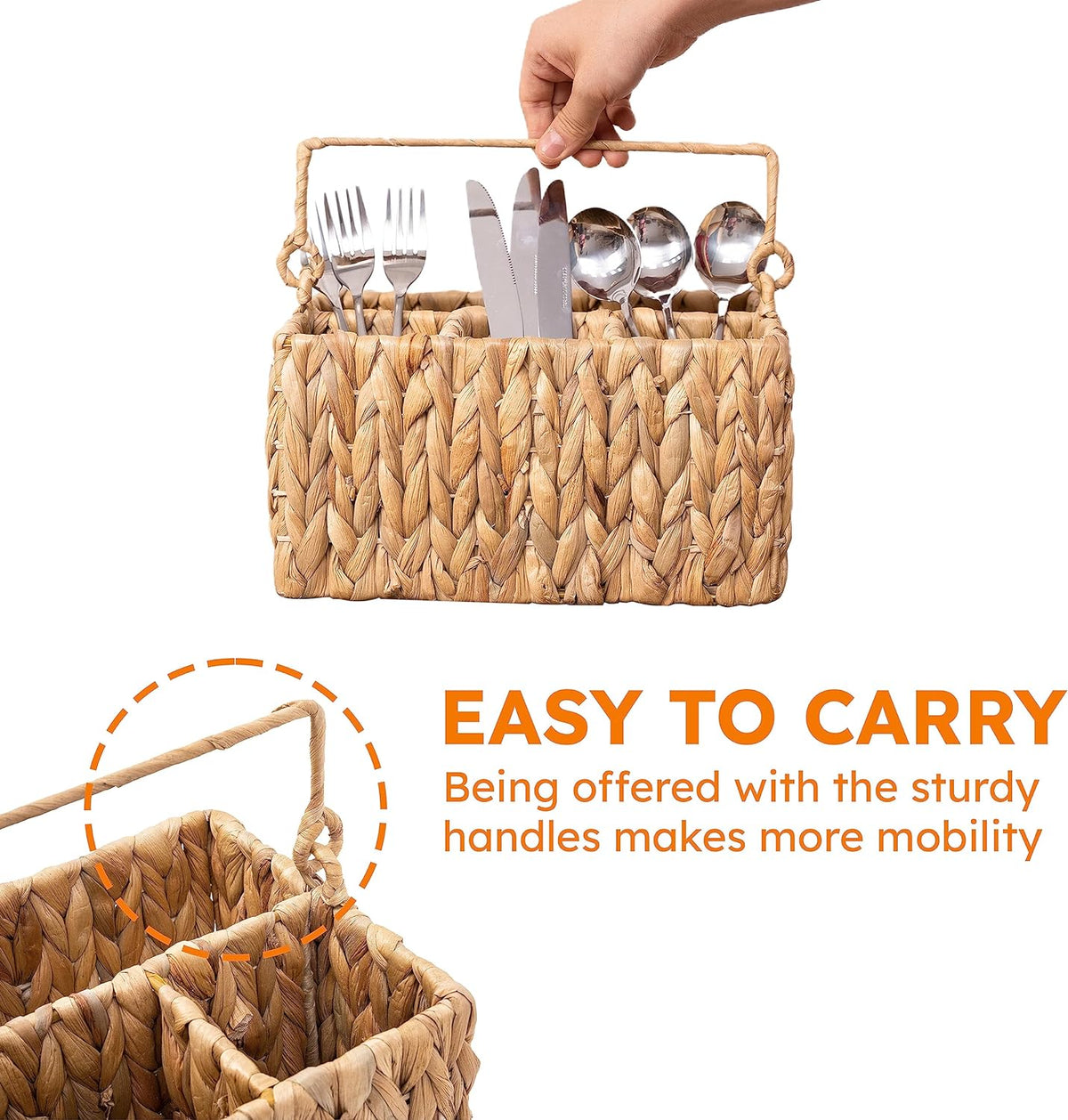 Cart In Mart Wicker Cutlery Holder With Handle Silverware Caddy Organiser For Tabletop - Water Hyacinth