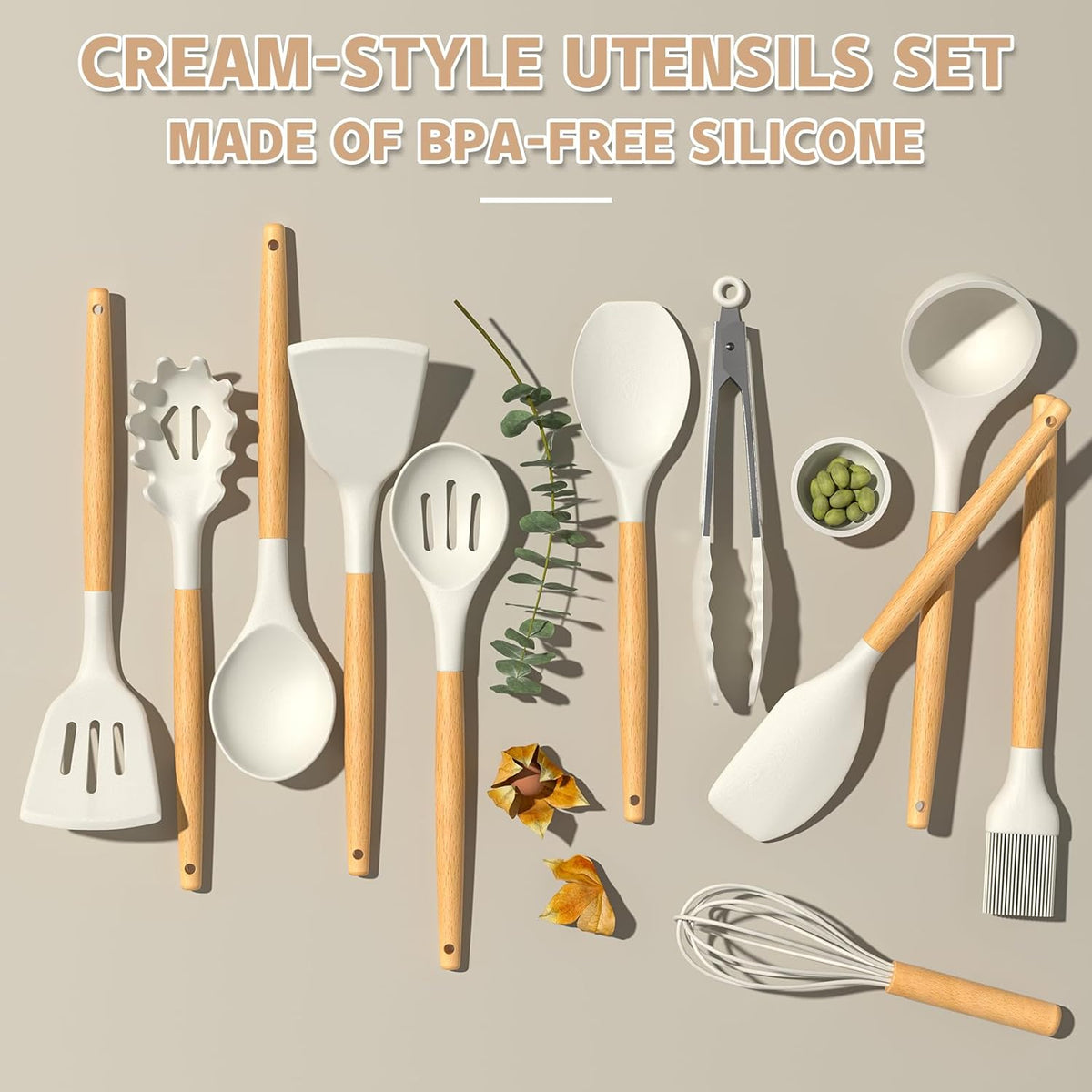 Cart In Mart 33 Pack Silicone Cooking Kitchen Utensils Spatula Tools Set- Cream White