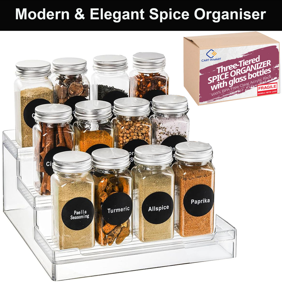 Cart In Mart 3 Tier Clear Acrylic Spice Rack Organiser With 12 Jars 24 Labels & Marker