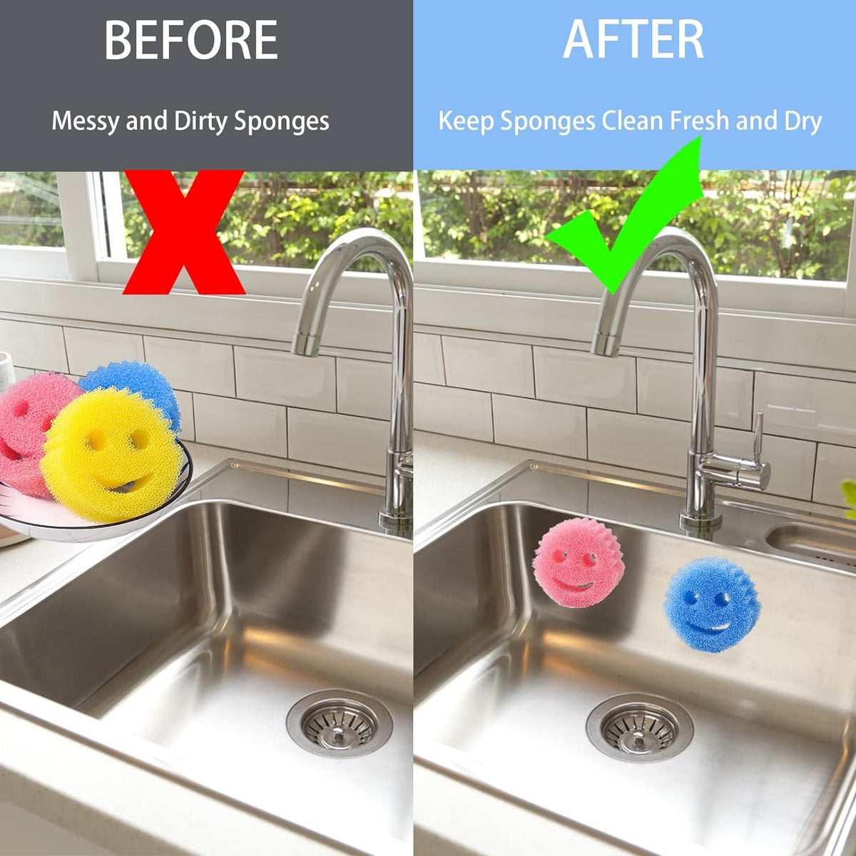 Cart In Mart Sponge Holder For Kitchen Sink Bathroom Suction Cup - Smiley Face - 2 Pack