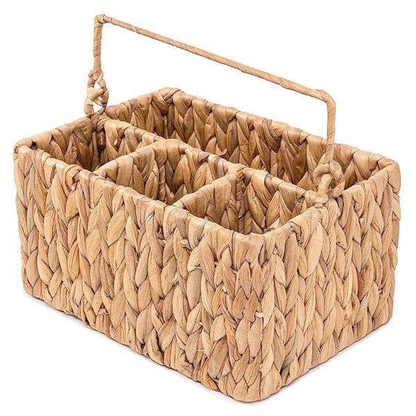 Wicker Cutlery Holder With Handle Silverware Caddy Organiser For Tabletop - Water Hyacinth